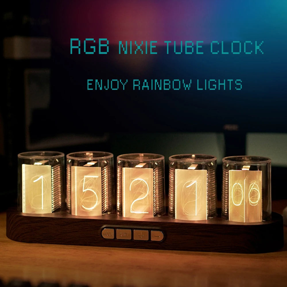 Digital Nixie Tube Clock with RGB LED Glows for Game Room Desktop Decoration. Luxury Box Packing for Gift Idea.