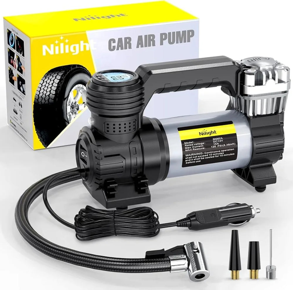 Nilight Portable Air Compressor Tire Inflator 12V Heavy Duty 120PSI Metal Tire Pump Double Cylinder Digital Tire Pressure Fast