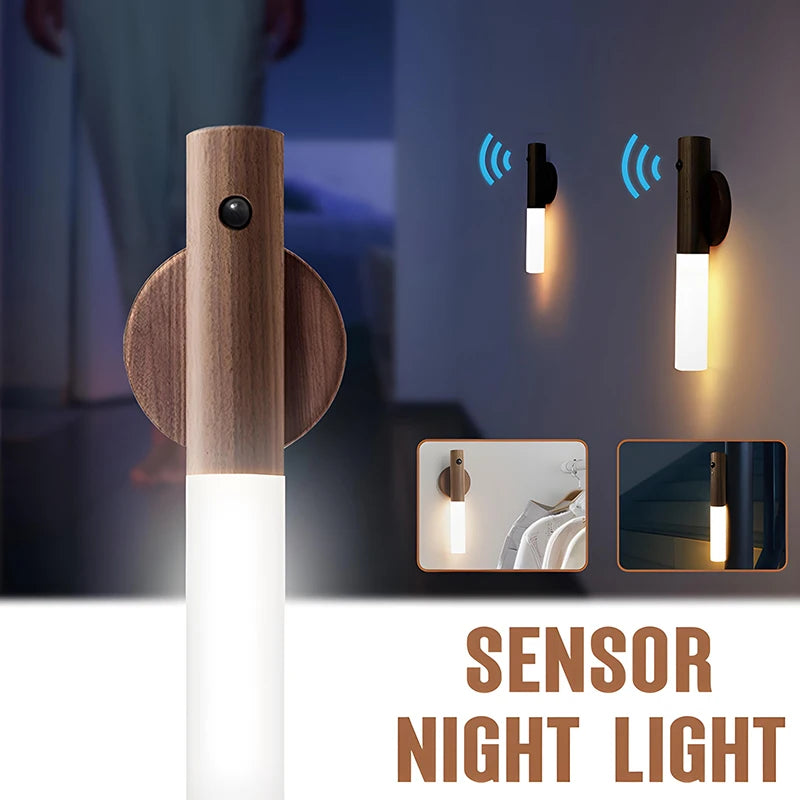 LED Wood Night Light PIR Motion Sensor Magnetic Wall Lamp USB Rechargeable Lights Home Staircase Bedroom Lamps Bedside Lighting
