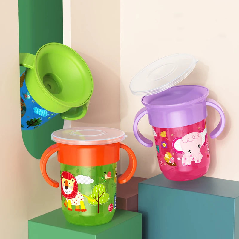 360 Rotated Cartoon Baby Learning Drinking Cup with Double Handle Flip Lid Leakproof Infants Water Cups Bottle BPA Free