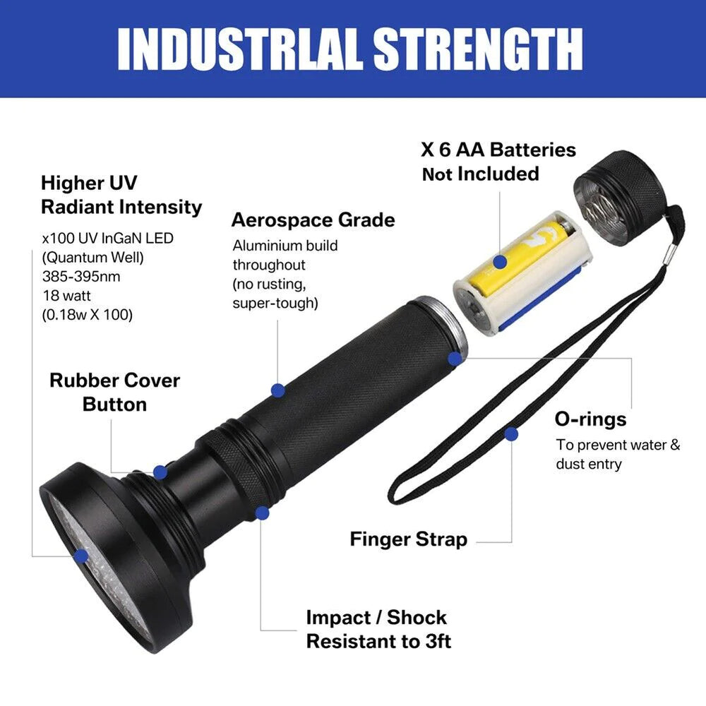 UV Ultraviolet Light 100 LED Flashlight Blacklight 395Nm Inspection Lamp Torch