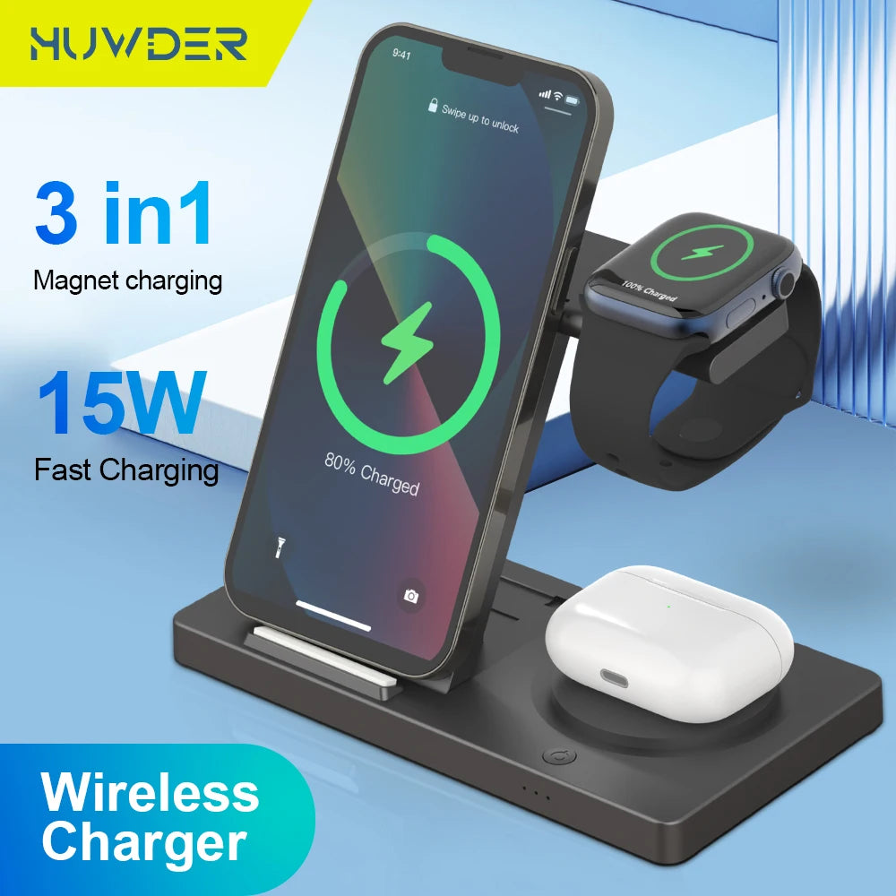 15W Magnetic Wireless Charger Stand for Iphone 15 14 13 12 Apple Watch Desk Phone Holder All in One Fast Charging Station